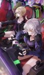  2girls ahoge arcade arcade_cabinet artoria_pendragon_(fate) belt belt_buckle black_boots black_dress black_jacket black_shirt black_shorts blonde_hair blue_coat boots breasts buckle cleavage clenched_teeth closed_mouth coat commentary controller dress dutch_angle fate/grand_order fate/grand_order_arcade fate_(series) fur-trimmed_coat fur_trim hair_between_eyes hair_tie holding_steering_wheel hood hood_down hooded_jacket indoors jacket jeanne_d&#039;arc_alter_(avenger)_(fate) jeanne_d&#039;arc_alter_(fate) jeanne_d&#039;arc_alter_(ver._shinjuku_1999)_(fate) jewelry joystick kizuka_kanata lapels leaning_forward long_hair long_sleeves low_ponytail multiple_girls official_art open_clothes open_coat open_jacket pendant ponytail saber_alter saber_alter_(ver._shinjuku_1999) shirt short_dress short_hair short_shorts shorts sidelocks sitting small_sweatdrop steering_wheel teeth thigh_boots third-party_source unzipped white_belt white_hair yellow_eyes zipper 