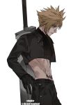  1boy abs alternate_costume aqua_eyes black_gloves black_jacket black_pants black_shirt blonde_hair buster_sword cloud_strife cropped_jacket final_fantasy final_fantasy_vii final_fantasy_vii_remake gloves hand_on_hip highres jacket looking_down male_focus muscular muscular_male pants shinjikokoro shirt short_hair solo spiked_hair tattoo_on_hips upper_body weapon weapon_on_back white_background 