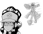  1boy 1girl baseball_cap coat collared_shirt emmet_(pokemon) gloves greyscale hat highres hilda_(pokemon) monochrome motion_lines necktie outstretched_arms peaked_cap poke_ball_print pokemon pokemon_(game) pokemon_bw ponytail rei_(esprei96) shaded_face shirt smile sweat walking 