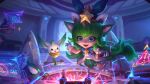  1girl artist_request bangs bow bowtie broken energy gloves green_bow green_bowtie green_eyes green_hair green_skirt hair_ornament holding holding_with_tail holding_wrench legends_of_runeterra little_legend long_hair lulu_(league_of_legends) miniskirt pleated_skirt pointy_ears prehensile_tail shirt skirt smile spacecraft_interior star_(symbol) star_guardian_(league_of_legends) star_guardian_lulu tail tears teeth tongue tongue_out upper_teeth white_footwear white_gloves white_shirt wrench yordle 