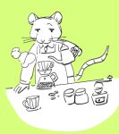 2025 4_fingers akebi_rat anthro apron barista beverage biped bottomwear clothing coffee fingers green_background hi_res mammal murid murine pants rat rodent shirt simple_background solo topwear