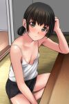 1girl absurdres bangs bare_arms bare_shoulders black_hair black_shorts blush breasts brown_eyes camisole collarbone downblouse hand_up highres looking_at_viewer low_ponytail matsunaga_kouyou nose_blush on_floor original parted_lips ponytail short_shorts shorts sidelocks sitting small_breasts solo table tatami white_camisole 