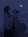  2girls beach black_hair closed_mouth cloud cloudy_sky coat commentary_request earrings from_side highres holding_hands horizon jewelry long_hair looking_at_another mechari medium_hair moon multiple_girls night night_sky original red_eyes sky standing twintails white_hair yuri 