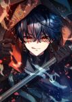  1boy black_hair earrings gloves highres holding holding_weapon jacket jewelry long_sleeves looking_at_viewer mahoutsukai_no_yakusoku male_focus naruta_iyo red_eyes scythe shino_sherwood short_hair solo tongue tongue_out weapon 