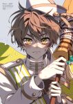  1boy brown_hair crying crying_with_eyes_open gloves green_eyes grey_background hat highres holding holding_weapon long_sleeves looking_at_viewer mahoutsukai_no_yakusoku male_child male_focus mitile_flores naruta_iyo short_hair solo tears weapon 