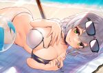  1girl ball bare_arms bare_shoulders beach beachball bikini black-framed_eyewear black_bikini black_choker breasts choker cleavage closed_mouth collarbone day eyewear_on_head front-tie_bikini front-tie_top green_eyes grey_hair hololive kibanda_gohan large_breasts looking_at_viewer lying navel on_side outdoors shirogane_noel short_hair smile solo stomach string_bikini sunglasses sunlight swimsuit thighs two-tone_bikini untied untied_bikini virtual_youtuber white_bikini 