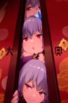  3girls bangs blush breasts circlet earrings echo_(circa) fate/grand_order fate_(series) hair_ribbon jewelry kama_(fate) kama_(first_ascension)_(fate) kama_(second_ascension)_(fate) kama_(third_ascension)_(fate) long_hair looking_at_viewer multiple_girls multiple_persona open_mouth red_eyes ribbon short_hair shouji sliding_doors translation_request white_hair 
