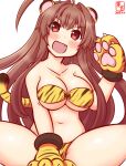  1girl ahoge animal_ears animal_hands animal_print artist_logo bikini breasts brown_eyes brown_hair cleavage collarbone commentary_request dated fang gloves huge_ahoge kanon_(kurogane_knights) kantai_collection kuma_(kancolle) large_breasts long_hair looking_at_viewer one-hour_drawing_challenge open_mouth paw_gloves simple_background sitting smile solo strapless strapless_bikini swimsuit tail tiger_ears tiger_print tiger_tail white_background 