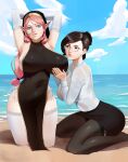  2girls absurdres accessories armpits arms_up ass black_dress black_hair blue_eyes breasts closed_mouth covered_nipples denisse_(aster_crowley) dress glasses hair_ornament highres huge_ass huge_breasts large_breasts leoquezadilla long_hair long_sleeves lucy_(aster_crowley) mature_female mole mole_under_eye mole_under_mouth multiple_girls nun original pink_hair shirt simple_background sitting skirt smile thick_thighs thighhighs thighs underwear white_shirt 