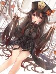  1girl bare_legs black_nails blush brown_coat brown_hair coat dutch_angle flower fuyoyo genshin_impact hair_between_eyes hair_flaps hair_in_mouth hat highres holding holding_hair hu_tao_(genshin_impact) jewelry long_hair long_sleeves looking_at_viewer mouth_hold multiple_rings plum_blossoms porkpie_hat ring sitting solo thighs twintails very_long_hair wide_sleeves 