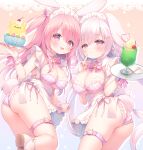  2girls animal_ears apron ass bangs bikini braid breasts cherry cleavage commentary_request crazy_straw drinking_straw food frilled_apron frills fruit hair_between_eyes hair_ornament hairclip heart_straw highres holding holding_tray ice_cream ice_cream_float large_breasts long_hair maid_headdress multiple_girls original pink_hair plaid plaid_bikini purple_bikini rabbit_ears rabbit_girl rabbit_tail red_eyes sakura_(usashiro_mani) spoon swimsuit tail tray twisted_torso usashiro_mani very_long_hair white_apron white_hair wrist_cuffs 