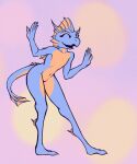  animated anthro blue_body dancing digitigrade dorsal_frill eyelashes female frill_(anatomy) happy head_crest head_frill hi_res kobold loop nude open_mouth open_smile orange_eyes simple_background smile solo swinging_tail tail_frill teeth xzorgothoth 