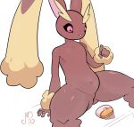  anthro big_ears black_sclera brown_body brown_fur burger butt_from_the_front eyebrows featureless_chest featureless_crotch female flat_chested food fur hi_res lagomorph leporid looking_at_food looking_at_object lopunny mammal n0b0dy navel nintendo pink_eyes pok&eacute;mon pok&eacute;mon_(species) rabbit simple_background sitting slightly_chubby solo tan_body tan_fur thick_eyebrows thick_thighs video_games white_background wide_hips 