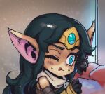  :q alternate_ears alternate_form bangs black_gloves black_hair blush brown_background gem gloves green_eyes grey_scarf league_of_legends long_hair multicolored_background one_eye_closed phantom_ix_row scarf shiny shiny_hair sivir sweat tongue tongue_out upper_body yordle 