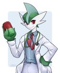 3_fingers absurd_res anthro blue_clothing blue_shirt blue_topwear bottomwear chest_horn clothing coat collared_shirt doctor doctor&#039;s_coat doctor_uniform drugs fingers gallade generation_4_pokemon green_body hand_on_hip head_crest hi_res holding_object humanoid lionoff male medication medicine mouth_closed necktie nintendo pants pills pokemon pokemon_(species) red_eyes red_necktie shirt simple_background sir_gallade smile solo topwear white_body white_clothing white_coat white_topwear