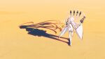  1girl absurdres blue_archive boots colored_skin commission fin_funnels floating floating_object floating_weapon full_body halo highres malkuth_(blue_archive) sand shadow solo walking white_skin yellow_background yellow_halo yodistira404 yume_(blue_archive) 