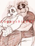 2015 anthro artist_name avian beak bear bird black_eyebrows black_nose bottomwear breasts brown_and_white brown_bottomwear brown_clothing brown_pants brown_shirt brown_t-shirt brown_topwear cageyshick05_(artist) chica_(fnaf) chicken chubby_cheeks clothed clothed_anthro clothed_female clothed_male clothing duo english_description eyebrows eyes_closed fangs feather_hair feathers female female_anthro five_nights_at_freddy&#039;s freddy_(fnaf) fully_clothed fully_clothed_anthro fully_clothed_female fully_clothed_male galliform gallus_(genus) hair half-closed_eyes handwear heart_symbol hug hugging_another hugging_from_behind interspecies larger_anthro larger_male looking_at_another looking_at_partner looking_back looking_back_at_another looking_back_at_partner male male/female male_anthro mammal monochrome narrowed_eyes open_beak open_mouth oven_mitts pants pen_(artwork) phasianid portrait pseudo_hair romantic romantic_couple scottgames shirt short_hair simple_background size_difference slicked_back_hair smaller_anthro smaller_female smile standing t-shirt tank_top teeth text thick_eyebrows thick_thighs three-quarter_portrait topwear traditional_media_(artwork) whisker_spots white_background white_body white_feathers