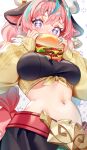  +_+ 1girl absurdres animal_ears aqua_hair bell belt black_skirt braid breasts burger cow_ears cow_girl cowbell food genshin_impact glint hairband highres holding holding_food horns long_sleeves looking_at_viewer midriff multicolored_hair navel pink_hair purple_eyes rimuu skirt streaked_hair twin_braids upper_body varesa_(genshin_impact) yellow_sleeves 