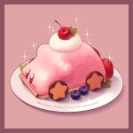  5health absurdres blueberry car_mouth cherry cream food food_focus fruit highres kirby kirby_(series) kirby_and_the_forgotten_land kirby_cafe mint no_humans pink_background plate simple_background sparkle star_(symbol) strawberry 