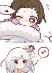  >_< 2girls absurdres brown_eyes brown_hair chibi closed_mouth dual_persona highres izu_lemon mini_person minigirl monogatari_(series) multiple_girls musical_note nademonogatari on_head one_eye_closed person_on_head red_eyes restrained sengoku_nadeko short_hair simple_background snake snake_hair spoken_musical_note tickling white_background white_hair white_snake 