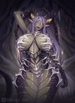  1girl absurdres arm_up blush breasts claws colored_skin dark_skin dark_skinned_female hair_between_eyes highres horns huge_breasts kolga_art lamia large_breasts long_hair looking_at_viewer monster_girl navel open_mouth original purple_hair scales sensitive slit_pupils smile solo tail very_long_hair yellow_eyes 