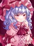  1girl ascot bangs bat_wings bow closed_mouth hat hat_bow jaku_sono looking_at_viewer medium_hair mob_cap pink_headwear pink_shirt pointy_ears purple_hair red_ascot red_bow red_eyes remilia_scarlet shirt short_sleeves smile solo touhou upper_body wings 