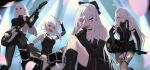  4girls a2_(nier:automata) absurdres bass_guitar boots bow drag-on_dragoon drag-on_dragoon_3 electric_guitar flower_eyepatch frenlyse guitar hair_bow highres in-franchise_crossover instrument joints kaine_(nier) long_hair looking_at_viewer microphone mistxii multiple_girls music nier nier:automata nier_(series) nier_reincarnation pantyhose playing_instrument red_eyes robot_joints rock_band singing stage stage_lights torn_clothes torn_pantyhose white_hair zero_(drag-on_dragoon) 