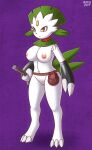  2019 areola big_breasts breasts female genitals hi_res holding_object holding_weapon impious melee_weapon mostly_nude navel nintendo nipples pink_areola pink_nipples pok&eacute;mon pok&eacute;mon_(species) purple_background pussy red_eyes simple_background solo sword video_games weapon weavile white_body 