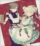  2girls bamboo_steamer belt black_dress brown_belt china_dress chinese_clothes cup double_bun dress hair_bun hair_ribbon highres kagerou_project kido_tsubomi kozakura_marry long_hair looking_at_viewer maid maid_headdress mokemoke_chan multiple_girls open_mouth pink_eyes qi_maid red_background red_ribbon ribbon sidelocks teacup teapot white_hair 