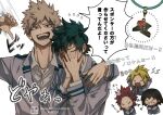  5boys :d arm_around_shoulder arms_up bakugou_katsuki black_hair blazer blonde_hair blush boku_no_hero_academia buttons chibi clenched_teeth collared_shirt commentary covering_face crossed_arms embarrassed flying_sweatdrops freckles green_eyes grey_jacket hand_on_own_chin hands_up ho_(dotto615) jacket kaminari_denki kirishima_eijiro lapels lightning_bolt_symbol long_sleeves looking_at_viewer male_focus midoriya_izuku motion_lines multiple_boys necktie open_mouth red_eyes red_hair red_necktie scar scar_on_hand school_uniform sero_hanta shirt short_hair simple_background smile speech_bubble spiked_hair squiggle sweat teeth thumbs_down translation_request u.a._school_uniform upper_body v-shaped_eyebrows watermark white_background white_shirt wing_collar 