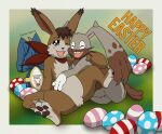 2025 2_fingers 3_fingers 3_toes ;d ^_^ anthro artist_name belly big_ears black_nose blush brown_arms brown_ears brown_face brown_feet brown_fingers brown_hands brown_legs brown_pawpads candy chocolate chocolate_egg claws clothed clothed_anthro clothed_male clothing colored darlan_space dessert diggersby digital_drawing_(artwork) digital_media_(artwork) duo easter easter_egg egg english_text eyebrows eyes_closed feet fingers food fur game_freak generation_6_pokemon grass green_background grey_arms grey_ears grey_legs happy hare hare_(monster_rancher) hi_res holidays hug hugging_another hugging_partner lagomorph leporid looking_at_viewer male male/male mammal monotone_arms monotone_belly monotone_chest monotone_clothing monotone_hands monotone_legs monotone_neckwear monotone_scarf monotone_soles monotone_text monster_rancher mostly_nude multicolored_body multicolored_face multicolored_feet multicolored_fur neckwear neckwear_only nintendo one_eye_closed open_mouth open_smile partners pawpads pink_nose plant pokemon pokemon_(species) red_blush red_clothing red_neckwear red_scarf scarf scarf_only shaded signature simple_background simple_eyebrows smile smiley_face smiling_at_viewer soles tan_belly tan_body tan_chest tan_face tan_feet tan_fur tan_soles tan_toes tecmo text toe_claws toes tongue white_fingers white_hands yellow_body yellow_fur yellow_text