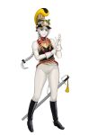  1girl adjusting_clothes adjusting_gloves austria belt black_boots black_bow blue_eyes boots bow braid chin_strap cuirass cuirassier cuirassier_helmet full_body gloves grin hair_bow high_collar highres imperial_austrian_army jacket katyusha_(98269886) knee_boots long_hair looking_at_viewer military military_uniform original pants riding_outfit saber_(weapon) scabbard sheath smile soldier solo spurs standing sword sword_knot tassel thighs weapon white_belt white_gloves white_hair white_jacket white_pants 