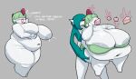 2024 belly big_belly big_breasts breasts duo female food gardevoir generation_3_pokemon green_hair hair huge_belly huge_breasts humanoid maniacalfork nintendo nude nude_female overweight pokemon pokemon_(species) ralts stuffing text white_body