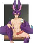  absurd_res animal_genitalia animal_humanoid animal_penis big_ears canid canid_humanoid canine canine_humanoid canine_penis erection fox_ears fox_humanoid fur genitals hi_res horn humanoid inner_ear_fluff knot male mammal mammal_humanoid markings mitch_(tits) mug multi_tail nude penis purple_body purple_fur sitting solo spread_legs spreading sulcate teal_eyes tuft whisker_markings 