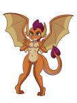  3:4 absurd_res anthro breasts chedx dragon fangs female friendship_is_magic genitals hasbro hi_res my_little_pony nude pussy simple_background small_breasts smile smolder_(mlp) solo spread_wings white_background wings 
