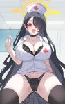  1boy 1girl absurdres bare_shoulders black_bra black_choker black_hair black_panties black_shirt black_thighhighs blue_archive blush bra breasts choker cleavage cross cross_earrings earrings hair_over_one_eye halo hat highres hinata_(blue_archive) holding holding_syringe indoors jewelry kurochomo lace lace_bra lace_panties large_breasts lingerie long_hair looking_at_viewer nurse_cap open_mouth panties red_cross red_eyes shirt straddling syringe thighhighs tongue tongue_out underwear very_long_hair white_shirt winged_halo yellow_halo 