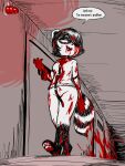 absurd_res alarm anthro asylum barefoot barely_visible_genitalia barely_visible_pussy blood bodily_fluids bottomless bottomless_female breasts butt cerise_(e254e) clothed clothing convenient_censorship covered_in_blood creepy e254e escape feet female genitals gore grin hair helpless hi_res horror_(theme) imminent_death implied_cannibalism looking_at_viewer lying mammal markings mental_illness on_back padded_room pawpads peril procyonid pussy question raccoon red_eyes restraints ring_(marking) ringed_tail shadow short_hair smile solo straitjacket striped_markings striped_tail stripes struggling tail tail_markings talking_to_viewer text