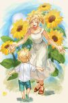  bare_arms blonde_hair blue_short breasts claudia_strife closed_eyes cloud_strife collarbone dress final_fantasy final_fantasy_vii final_fantasy_vii_remake flower halu-ca highres leaning_forward long_dress long_hair lower_teeth male_child medium_breasts mother_and_son open_mouth outdoors outstretched_arms ponytail sandals shirt short_hair smile spiked_hair sundress sunflower teeth upper_teeth white_dress white_shirt 