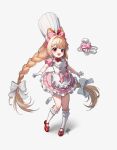  1girl absurdres braid brown_hair chef_hat cherry crust_(nikke) dress drone flat_chest food food-themed_hair_ornament food_costume front_bow fruit full_body gloves goddess_of_victory:_nikke hair_ornament hair_ribbon hat highres long_hair open_mouth pink_dress rabbit_hair_ornament red_eyes red_shoes ribbon sagle shoes simple_background smile spatula strawberry strawberry_hair_ornament stuffed_animal stuffed_rabbit stuffed_toy twin_braids white_background white_gloves 