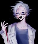  1boy :d black_background blood blood_on_clothes blood_on_face blue_eyes blue_shirt chinese_commentary coat commentary_request dice156 glasses kanou_aogu labcoat male_focus open_clothes open_coat open_mouth rectangular_eyewear red_pupils saibou_shinkyoku shirt short_hair simple_background smile solo upper_body white_hair 