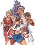  1girl 3boys abs akuma_(street_fighter) beads belt black_belt blonde_hair blue_sailor_collar blue_skirt brown_eyes brown_hair dougi fighting_stance fingerless_gloves gloves hand_on_hip headband heaven_(kanji) highres jet_kimchrea jewelry kasugano_sakura ken_masters long_hair looking_back midriff_peek multiple_boys muscular muscular_female muscular_male navel neckerchief necklace open_clothes open_mouth open_shirt pectorals pleated_skirt prayer_beads puffy_short_sleeves puffy_sleeves red_shirt ryu_(street_fighter) sailor_collar school_uniform serafuku shirt short_hair short_sleeves sideburns signature skirt smile street_fighter thick_eyebrows torn_clothes torn_sleeves twitter_username upper_body white_background white_headband yellow_neckerchief 