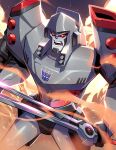  absurdres decepticon english_commentary fangs fire highres holding holding_sword holding_weapon lina_rojas mecha megatron open_mouth red_eyes robot science_fiction solo sword transformers transformers_animated weapon 