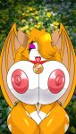 absurd_res anthro areola bat big_breasts breasts collar crossed_arms dust:_an_elysian_tail ear_piercing ear_ring eyeliner female fidget_(elysian_tail) fidget_volarursi floral_background hair hair_over_eye hand_on_crotch heart_(marking) hi_res huge_breasts hyper hyper_breasts lipstick makeup mammal markings nimbat nipples nude piercing red_lipstick ring_piercing seiiartworks smile smiling_at_viewer solo tongue tongue_out wings