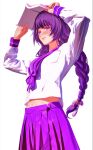  1girl arms_up bangs blunt_bangs blush braid braided_ponytail breast_pocket collared_shirt genshin_impact holding long_hair long_sleeves midriff navel neckerchief parted_lips pleated_skirt pocket purple_eyes purple_hair purple_neckerchief purple_sailor_collar purple_skirt raiden_shogun sailor_collar sailor_shirt sannen_(wuuk5423) shiny shiny_hair shirt simple_background skirt solo standing stomach very_long_hair white_background white_shirt 