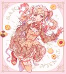  1girl alternate_costume apron bad_id bad_pixiv_id blonde_hair border bow bow-shaped_hair bowtie bridal_gauntlets bright_pupils brown_apron brown_dress brown_shoes brown_thighhighs character_name checkerboard_cookie chocolate_cornet cookie cross-laced_shoes double_bun dress enmaided eyelashes fingernails floating_hair food food-themed_clothes frilled_dress frills full_body gold_ring gradient_hair hair_bun hair_ribbon heart heart_print highres lace-trimmed_thighhighs lace_trim light_blush long_hair maid maid_headdress mary_janes multicolored_hair open_mouth picture_frame pink_border pink_eyes pink_hair plaid_clothes plaid_dress pleated_skirt project_sekai purple_ribbon red_bow red_bowtie ribbed_thighhighs ribbon rn_(kicakabe) shoes short_dress skirt sleeve_ribbon solo surprised swept_bangs tareme tenma_saki thighhighs very_long_hair wavy_hair white_background white_bridal_gauntlets white_pupils 