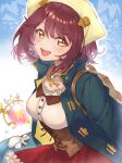  1girl absurdres atelier_(series) atelier_sophie backpack bag blue_jacket breasts brown_bag brown_corset buttons commentary_request corset cross-laced_clothes headscarf highres jacket large_breasts light_blush open_clothes open_jacket open_mouth red_hair red_skirt skirt smile solo sophie_neuenmuller teeth tororo_kafka upper_teeth_only yellow_eyes yellow_headscarf 