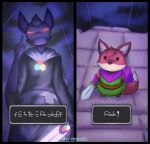 ambiguous_gender anthro beady_eyes canid canine character_cipher clothed clothed_anthro clothed_male clothing constructed_language constructed_script duo eye_contact fictional_language first_person_view fox fully_clothed fully_clothed_anthro fully_clothed_male gesture glowing glowing_eyes glowing_sword hand_gesture hi_res holding_melee_weapon holding_object holding_sword holding_weapon insult looking_at_another male mammal melee_weapon middle_finger narrowed_eyes raining red_eyes robe ruin_seeker signature squint sword text the_librarian_(tunic) translated trunic_text tunic_(video_game) vvipereonk weapon