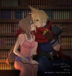  1boy 1girl aerith_gainsborough armor bangs bare_arms belt blonde_hair blue_pants blue_shirt blush book book_on_lap bookshelf braid braided_ponytail breasts buttons cape choker cleavage cloud_strife couple dress earrings final_fantasy final_fantasy_vii gloves green_eyes hair_between_eyes hair_ribbon imminent_kiss jewelry kingdom_hearts krudears library long_hair looking_at_another medium_breasts multiple_belts pants parted_bangs pink_dress purple_belt red_cape red_ribbon ribbon shirt shoulder_armor sidelocks single_earring sitting sleeveless sleeveless_dress sleeveless_turtleneck spiked_hair torn_cape torn_clothes turtleneck wavy_hair 