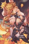  1girl armlet black_thighhighs blonde_hair bowsette bracelet breasts cleavage collar crown earrings fangs feather_trim garter_straps gem gloves green_eyes hair_between_eyes hand_to_own_mouth horns jet_kimchrea jewelry large_breasts lingerie long_hair looking_at_viewer mario_(series) navel new_super_mario_bros._u_deluxe open_mouth pointy_ears sidelocks smile solo spiked_armlet spiked_bracelet spiked_collar spikes thick_eyebrows thighhighs tongue tongue_out underwear white_gloves 
