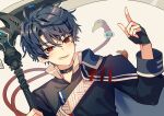  1boy black_hair black_shirt blush choker fingerless_gloves gloves holding holding_weapon long_sleeves looking_at_viewer mahoutsukai_no_yakusoku male_focus naruta_iyo open_mouth red_eyes scythe shino_sherwood shirt short_hair smile solo weapon white_background 